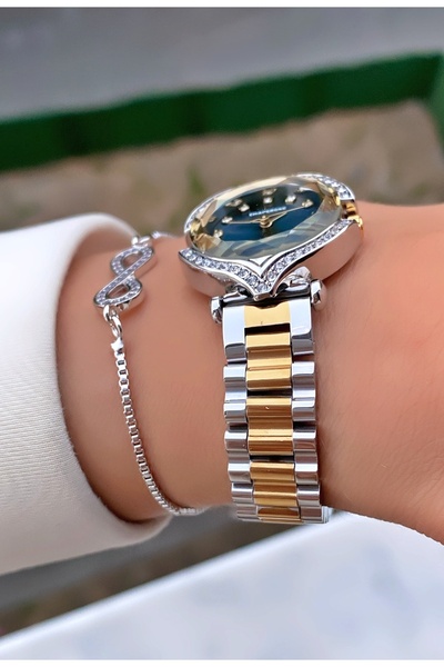 Merand Yellow Silver Color Special Design Navy Blue Dial Stone Model Women's Wrist Watch with Bracelet Gift