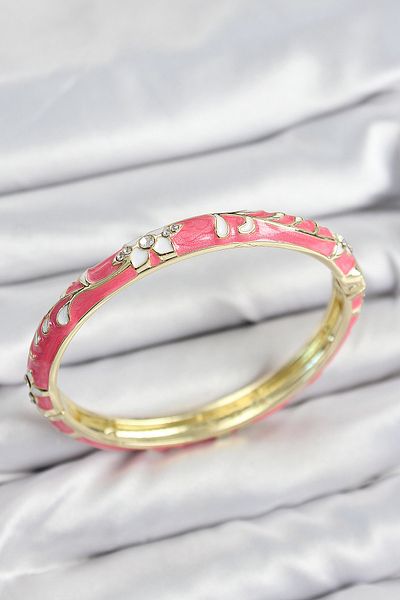 Clariss Mineli Brass Zircon Stone Pink Flower Motif Gold Women's Handcuffs
