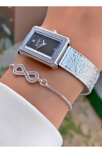 Merand Brand Women Wristwatch Steel Case Waterproof Rhinestone Rectangle Dial + Gift Bracelet
