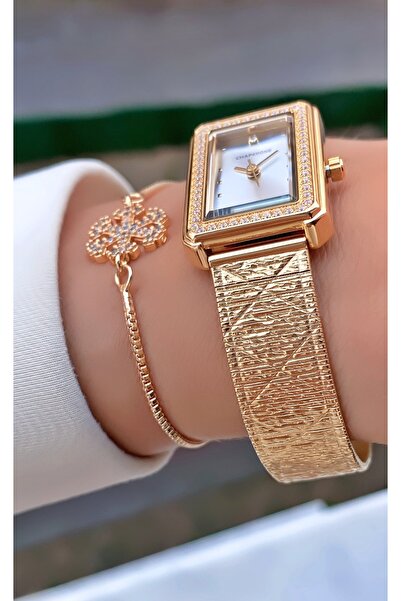 Merand Women's Wristwatch Steel Case Waterproof Rhinestone Rectangular Dial + Gift Bracelet