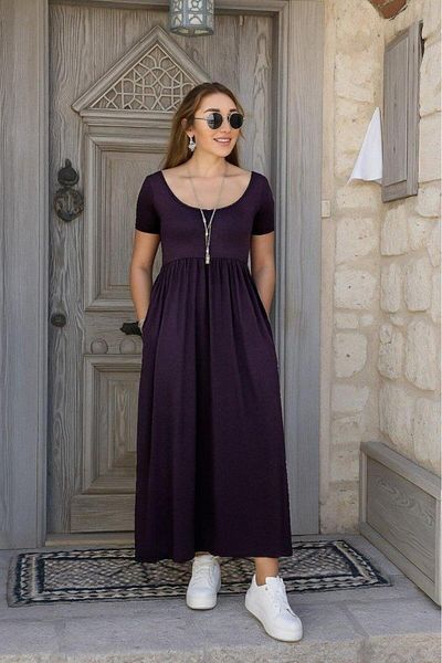 modamtn Women's Short Sleeve Round Neck Front Slit Pocket Viscose Long Dress