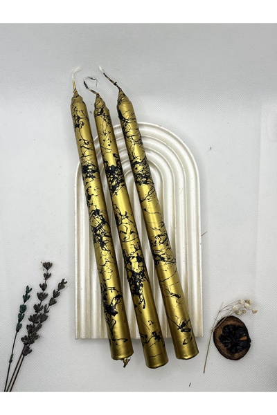Verda Desing 🥇Dekoratif Siyah Mermer Desenli Metalik Altın Şamdan Mumu 3 lü set