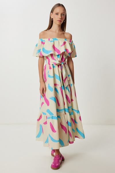 Lovelyİstanbul Φόρεμα με μοτίβο Carmen γιακά LFG0104 ΚΙΤΡΙΝΟ ΡΟΖ