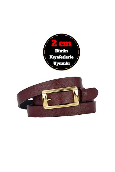 GoDeri 100% Genuine Leather Gold Color Rectangular Buckle Claret Red Women's Belt 2cm Fits All Clothes_Yeni.Dik