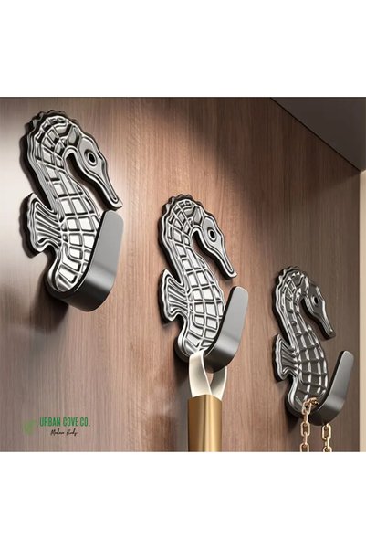 UrbanCove Co Set of 3, Metal, Seahorse Wall Hanger - Adhesive and Stylish Decorative Hangers - Hole-Free Mounting