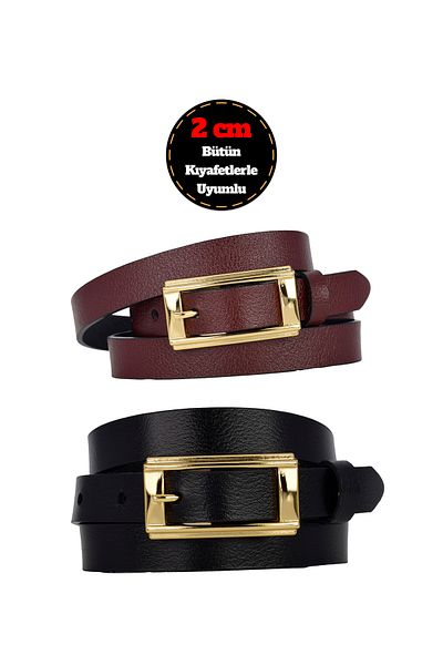 GoDeri 100% Genuine Leather Set of 2 Gold Color Buckle 2 cm Women's Belt Black, Claret Red Matches Any Outfit _Y.Dik