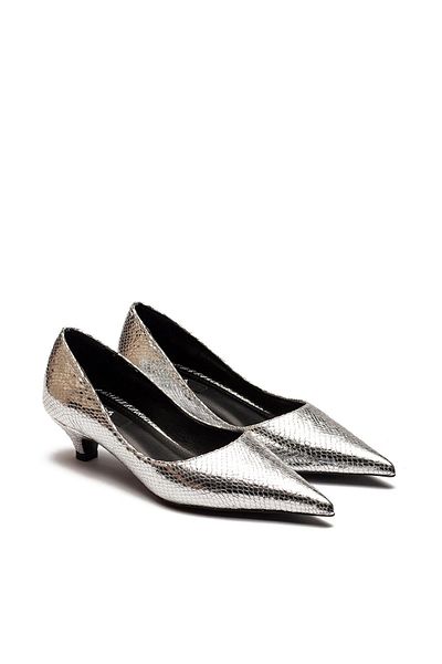 Dedos Silver Women's Snake Leather Patterned Stiletto Evening Dress Stone Embroidered Pointed Toe Closed Short Heeled Shoes
