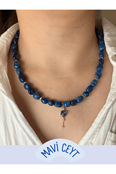 sadeart Mavi Ceyt Taşı Doğal Taş Kolye – Parlak Gezegen ve Yıldız Figürlü Kolye Ucu