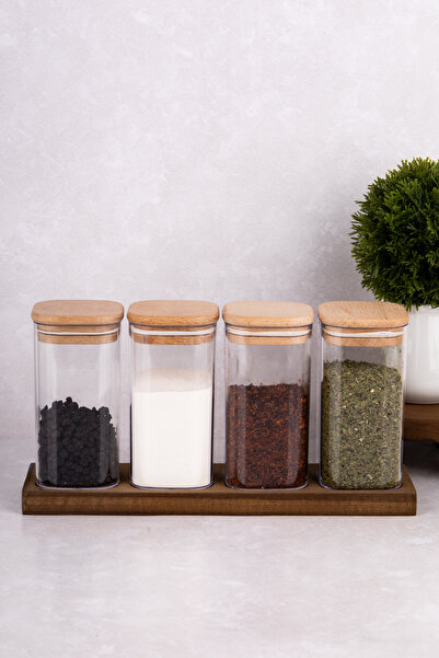 DNS HOME 4-Piece Spice Rack Set Wooden Vacuum Lid Acrylic Spice Rack Set Set with Wooden Stand