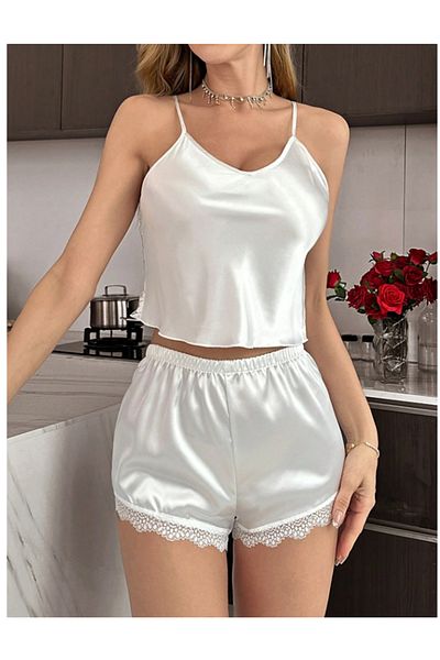 Bleu Petite White Satin Fabric Lace Shorts Pajama Set