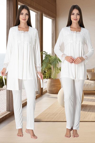 BLACKMORE Women's Ecru Sleeves and Collar Lace Detailed Long Sleeve Maternity Maternity Pajamas Set with 3-Piece Pajamas Set