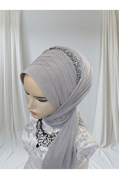 Nuray hazır duvak Accessories Included Light Gray Glitter Single Ready-Made Wrap Ready-Made Turban Ready-Made Veil