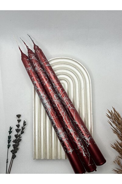 Verda Desing 🥇Dekoratif Gümüş Mermer Desenli Metalik Kırmızı Şamdan Mumu 3 l...