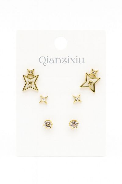 MakeWell 925S Silver Needle Pole Star Design Zircon Stone 3-Piece Earring Set