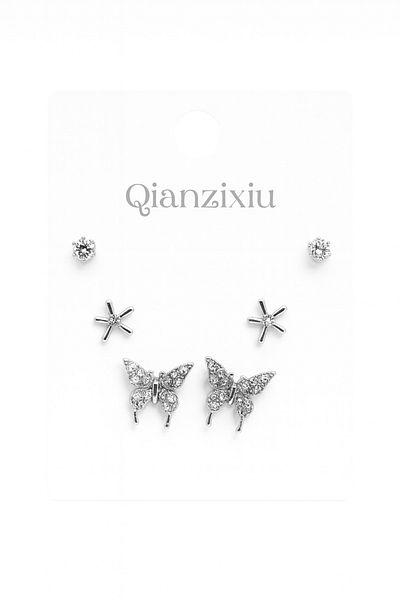 MakeWell 925S Silver Needle Butterfly Design Zircon Stone 3-Piece Earring Set