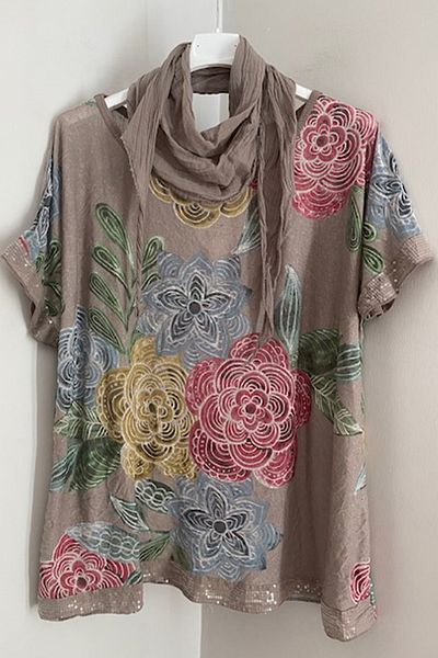 AYASOFYA OTANTIK Women's Italian Mink Scarf Layered Flowers Patterned Sleeves and Hem Sequin Loose Blouse