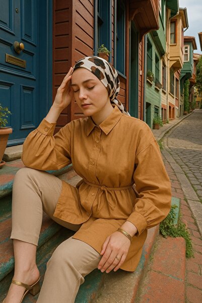 Sas Balon Kollu Kuşak Detaylı Modern Gömlek Tunik