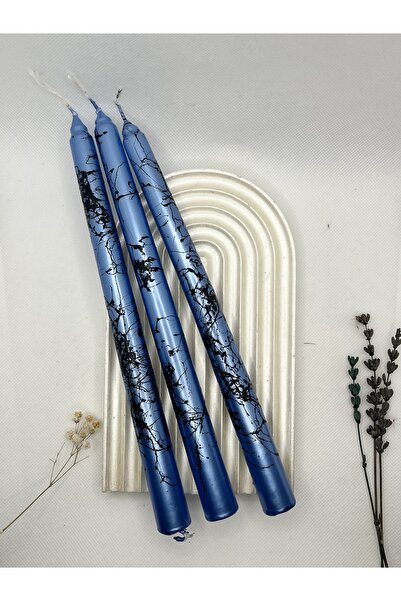 Verda Desing 🥇Dekoratif Siyah Mermer Desenli Metalik Mavi Şamdan Mumu 3 lü set