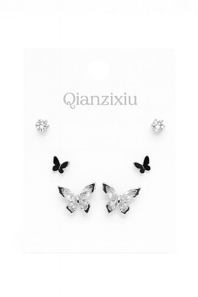 MakeWell 925S Silver Needle Butterfly Design Zircon Stone 3-Piece Earring Set