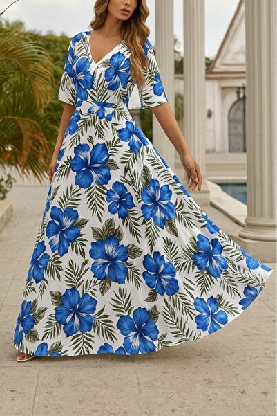 ALPACO فستان نسائي قصير الأكمام بياقة على شكل V ونقشة من قماش السوبرم - مجموعة