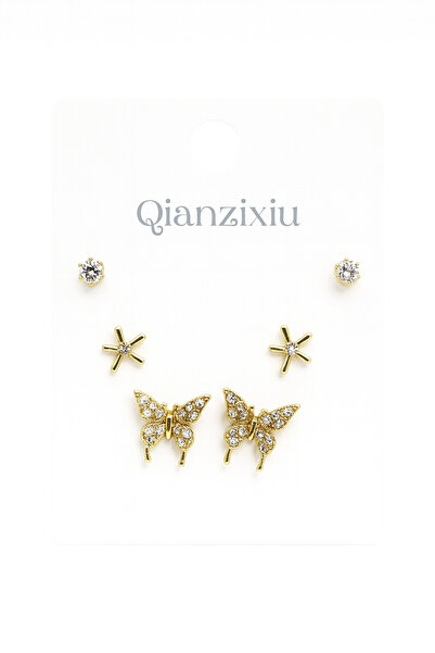 MakeWell 925S Silver Needle Butterfly Design Zircon Stone 3-Piece Earring Set