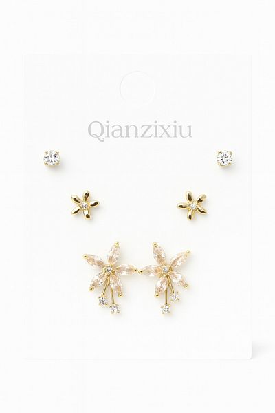 MakeWell 925S Silver Needle Flower Design Zircon Stone 3-Piece Earring Set