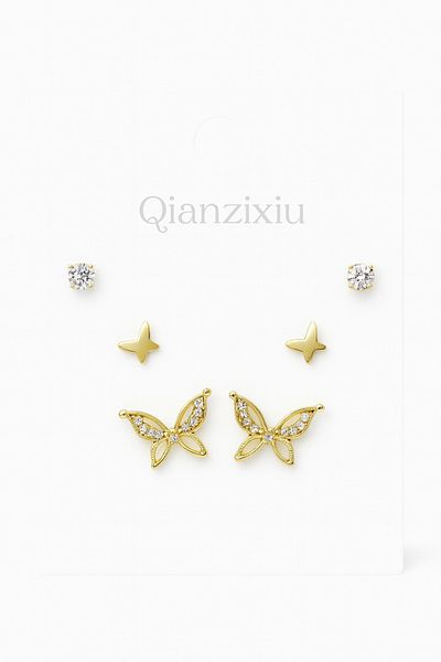 MakeWell 925S Silver Needle Butterfly Design Zircon Stone 3-Piece Earring Set