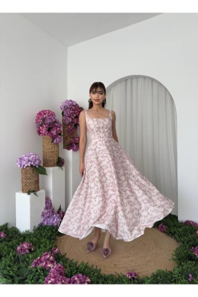 Femistik Kadın Çiçek Desenli Askılı Kare Yaka Elbise