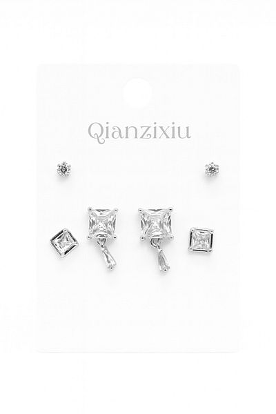 MakeWell 925S Silver Needle Baguette Design Zircon Stone 3-Piece Earring Set