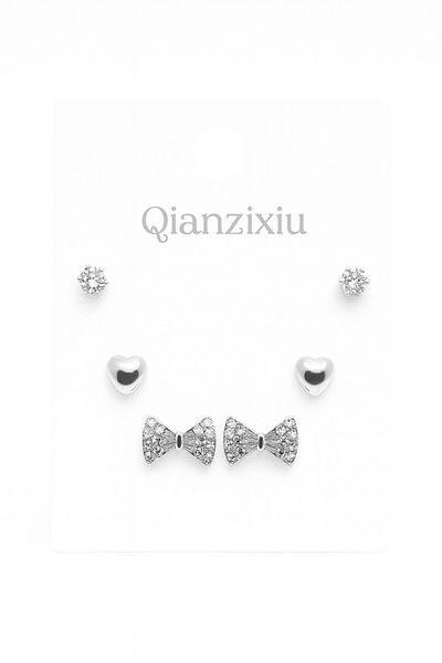 MakeWell 925S Silver Needle Bow and Heart Design Zircon Stone 3-Piece Earring Set
