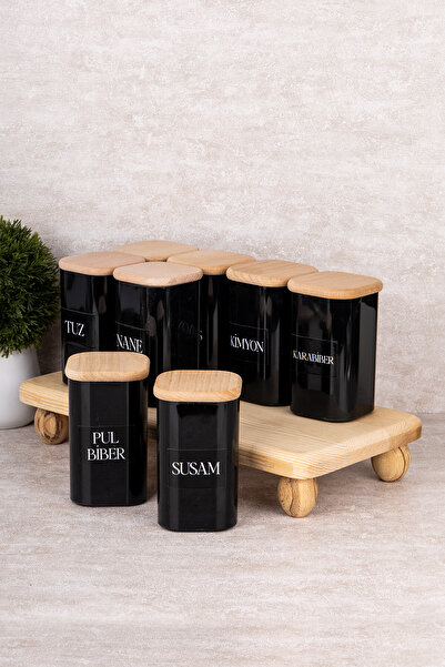 DNS HOME Set of 8 Spice Jars with Vacuum Lid, Wooden Stand, Black Acrylic Storage Container, Label Gift, 300 ml