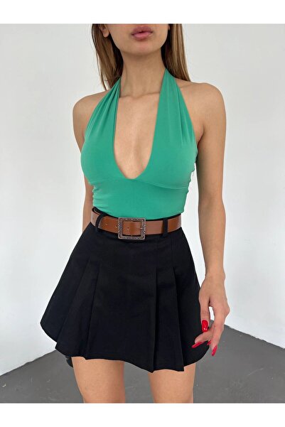 Genel Markalar Kemerli Pileli Şort Etek - Siyah