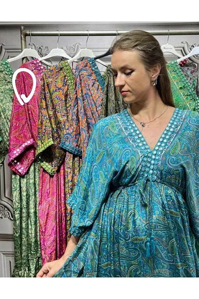 MODAGK Imported Silk Bohemian Dress with Beading and Embroidery Detail