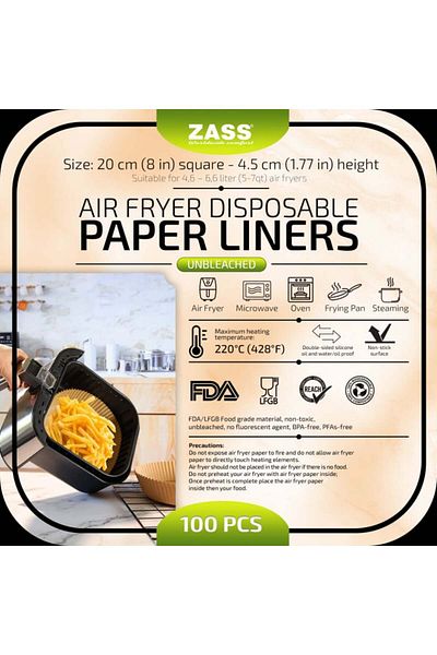 Zass Set 100 buc Hartie de copt pentru friteuza cu aer cald airfryer ZPL 04, 20 cm, Maro, forma patr