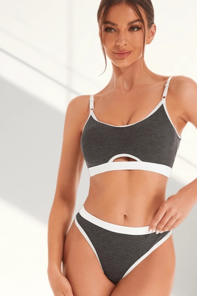 ALFA AKSESUAR 03 Women's Gray Anthracite Camisole and White Elastic Cut-Out Thong Panty Set