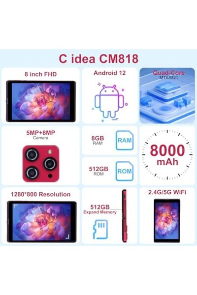 CIDEA جهاز لوحي C idea بشاشة 8 بوصات وذاكرة وصول عشوائي (RAM) سعة 8 جيجابايت وذاكرة قراءة فقط 512 جيجابايت وشبكة واي فاي 2.4 جيجا/5 جيجا وشاشة IPS بدقة 800x1280 ودعم مكالمات الهاتف ونظام Android