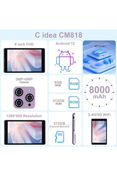 CIDEA C idea 8 Inch Tablet 8GB RAM, 512GB ROM, 5G LTE Phone Call, 800x1280 IPS Screen, Android 12.0 Tablet