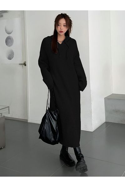 MAXXANA Low Shoulder Gathered Hooded Oversize Knitwear Dress