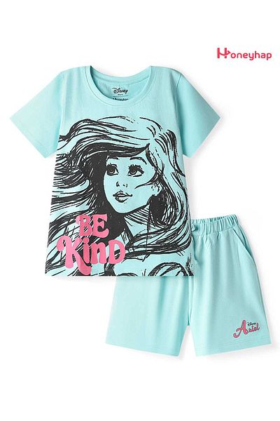Honeyhap Disney T-Shirt and Shorts Set with Disney Princess-Ariel Graphics - Turquoise