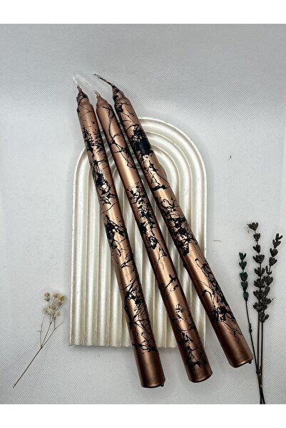 Verda Desing Dekoratif Siyah Mermer Desenli Metalik Bakır Şamdan Mumu 3 lü set