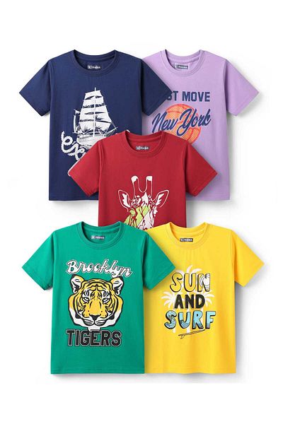 Pine kids Pine Kids Cotton Knit Half Sleeves T-Shirts With Sun & Surf Text Print Pack of 5 - Multicolor