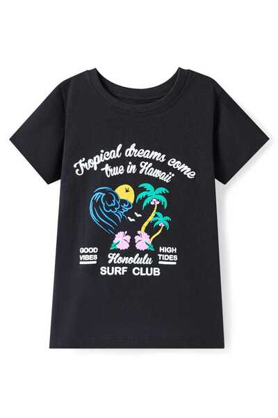 Pine kids تي شيرت باين كيدز بطبعة نصية استوائية - أسود