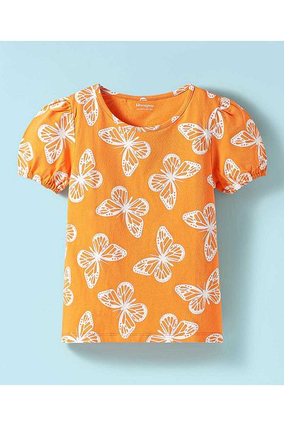 Honeyhap Premium 100% Cotton Knit Half Sleeve Tops & Floral Print-(Pack of 2)-Orange & White