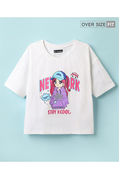 Pine kids Pine Kids Cotton Knit Half Drop Shoulder Sleeves Oversized T-Shirt with Text Print - White