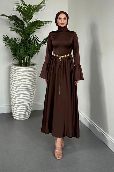 MERVEN AKYÜZ Orville Gold Belted Balloon Skirt Dress Brown