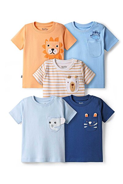 Bonfino تي شيرت محبوك من القطن بنسبة 100% بأكمام نصفية وخطوط وطبعات حيوانية، ...