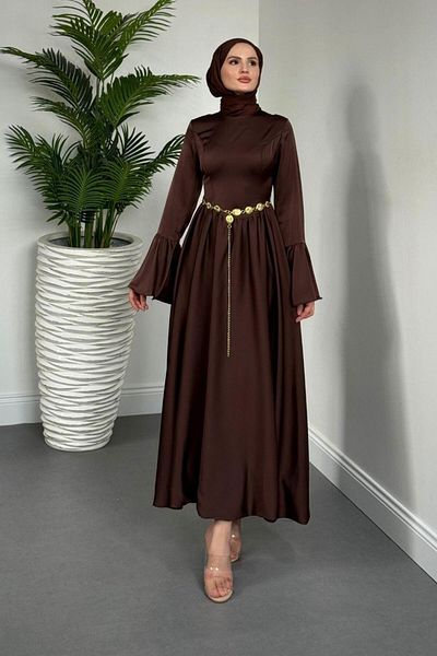 MERVEN AKYÜZ Orville Gold Belted Balloon Skirt Dress Brown