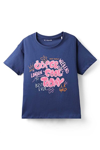 Pine kids تي شيرت باين كيدز قطني محبوك بأكمام نصفية وطبعة نصية - أزرق داكن