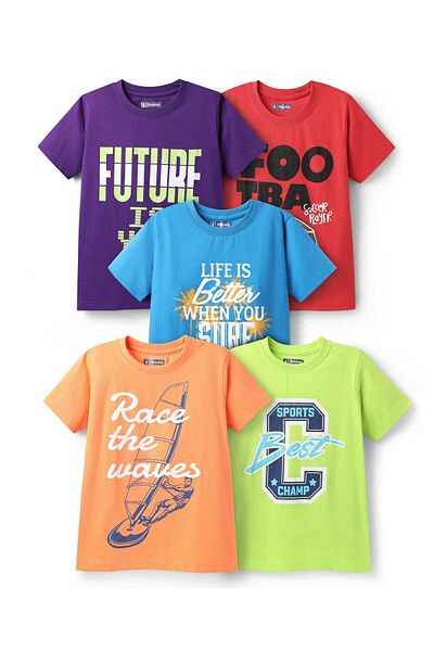 Pine kids Pine Kids Cotton Knit Half Sleeves T-Shirts With Sports Theme Prints Pack of 5 - Multicolor