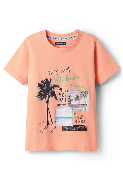 Pine kids Pine Kids Cotton Knit Half Sleeves T-Shirt With Beach Theme Print - Peach